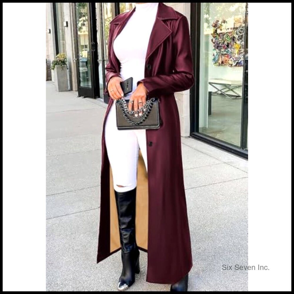 Long Faux Leather Trench Coat Motorcycle Style Button Front Regular Fit - Picture 2 of 5